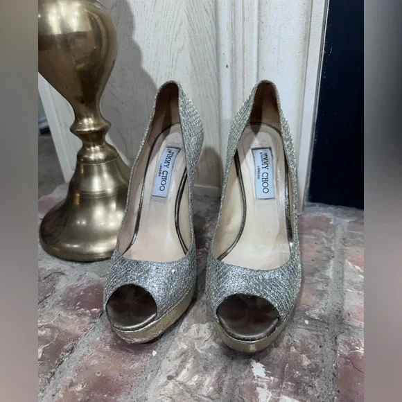 Jimmy Choo Glitter Platform Heels Size 38 EU /8 US Gold Silver Sparkle Stilettos - Picture 1 of 16